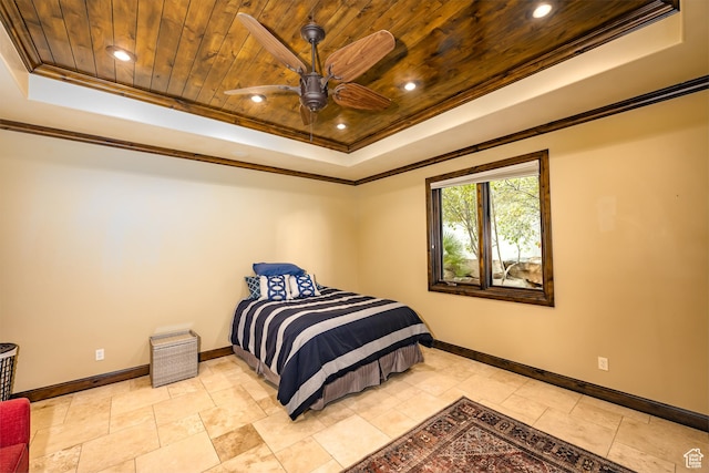 bedroom featuring a raised ceiling, ceiling fan, crown molding, and wooden ceiling