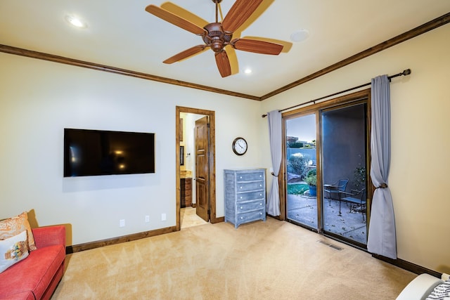 unfurnished living room featuring light carpet, ceiling fan, and ornamental molding