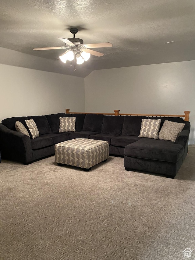 1918 S Mojave Dr, Washington, UT 84780 - living room featuring a textured ceiling, ceiling fan, and carpet