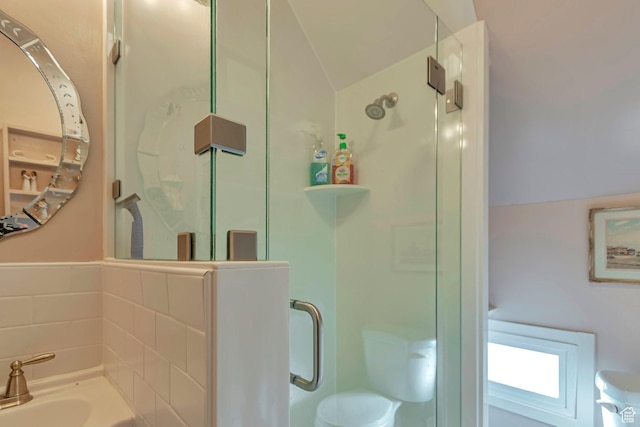 320 S 800 W, Lewiston, UT 84320 - bathroom featuring a shower stall, lofted ceiling, and toilet