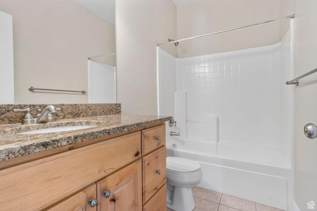 full bathroom featuring shower / bath combination, toilet, vanity, and tile patterned flooring