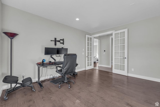 office space with hardwood / wood-style flooring and french doors