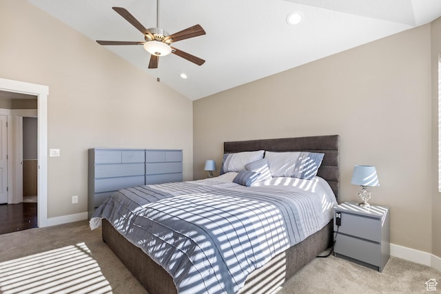 carpeted bedroom featuring a ceiling fan, baseboards, high vaulted ceiling, and recessed lighting