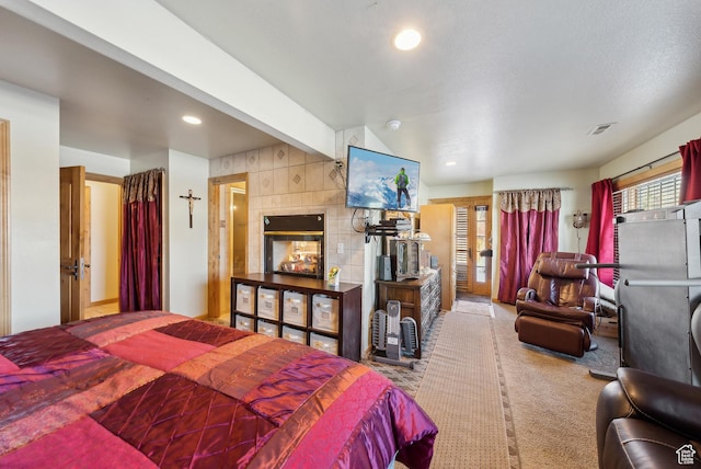 carpeted bedroom featuring beam ceiling