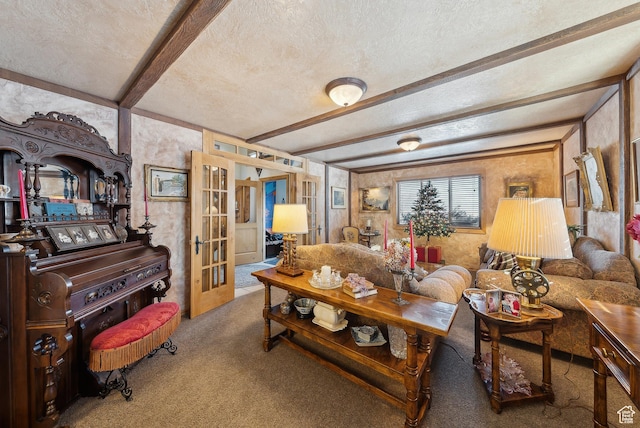 carpeted living room with beam ceiling, french doors, and a textured ceiling