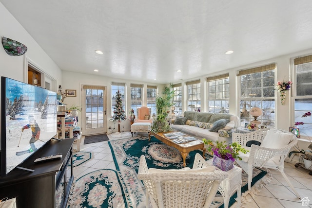 living room featuring light tile patterned flooring
