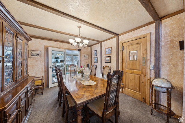 carpeted dining room featuring beam ceiling, a chandelier, and a textured ceiling