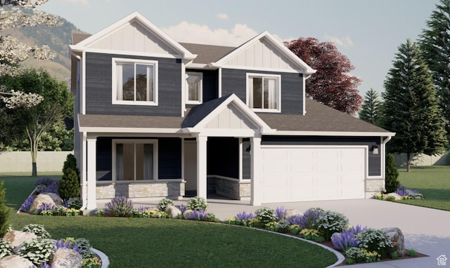 craftsman-style home featuring a garage and a front lawn