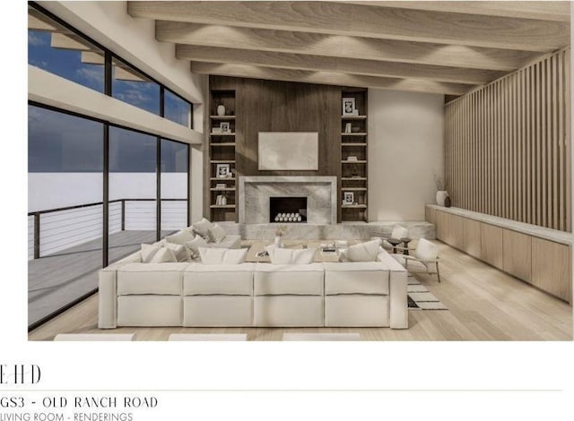 5220 N Old Ranch Rd, Park City, UT 84098 - living area with beam ceiling, wood finished floors, built in features, and a high end fireplace