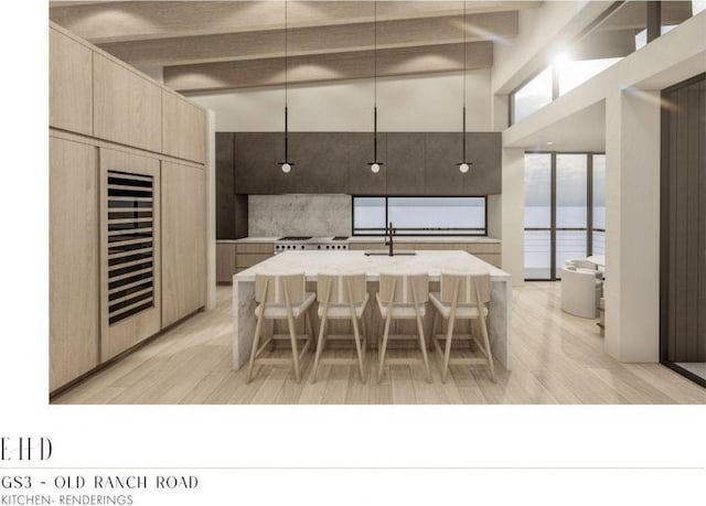5220 N Old Ranch Rd, Park City, UT 84098 - kitchen featuring beamed ceiling, light countertops, modern cabinets, light wood finished floors, and elevator