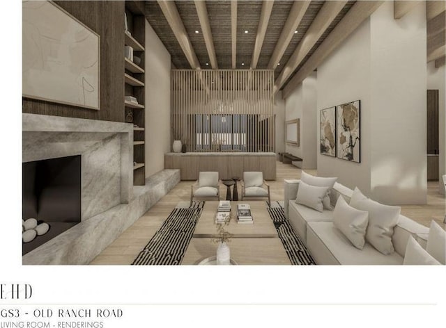 5220 N Old Ranch Rd, Park City, UT 84098 - sunken living room with beam ceiling, a high end fireplace, built in shelves, and recessed lighting