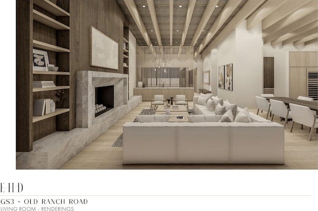 5220 N Old Ranch Rd, Park City, UT 84098 - living area featuring a fireplace, wood finished floors, built in shelves, and recessed lighting