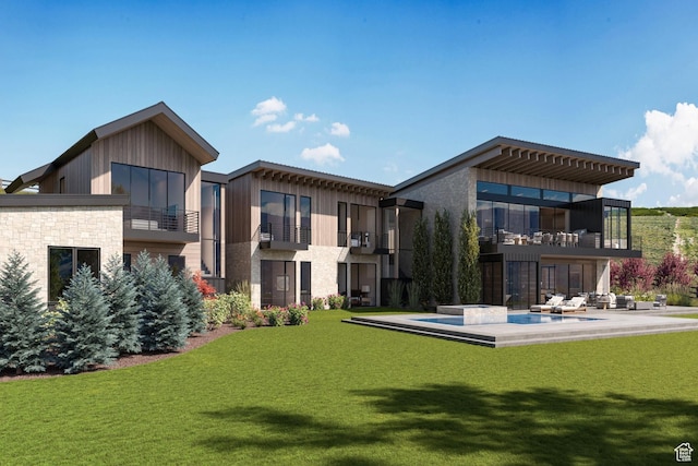 5220 N Old Ranch Rd, Park City, UT 84098 - back of house featuring a balcony, a lawn, and stone siding