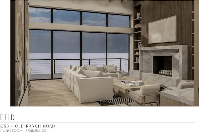 5220 N Old Ranch Rd, Park City, UT 84098 - living room with light wood-style flooring, built in features, and a high end fireplace