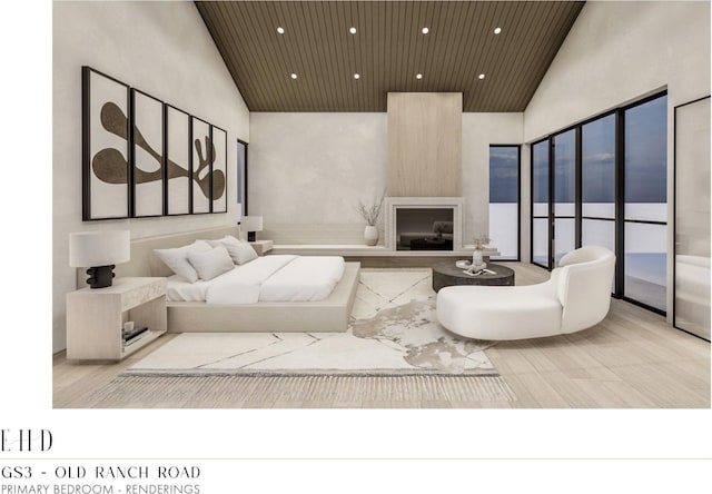 5220 N Old Ranch Rd, Park City, UT 84098 - bedroom featuring wooden ceiling, high vaulted ceiling, exterior fireplace, and access to outside