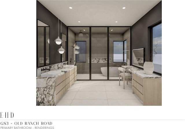5220 N Old Ranch Rd, Park City, UT 84098 - full bathroom featuring tile patterned floors, a freestanding tub, recessed lighting, double vanity, and a shower stall