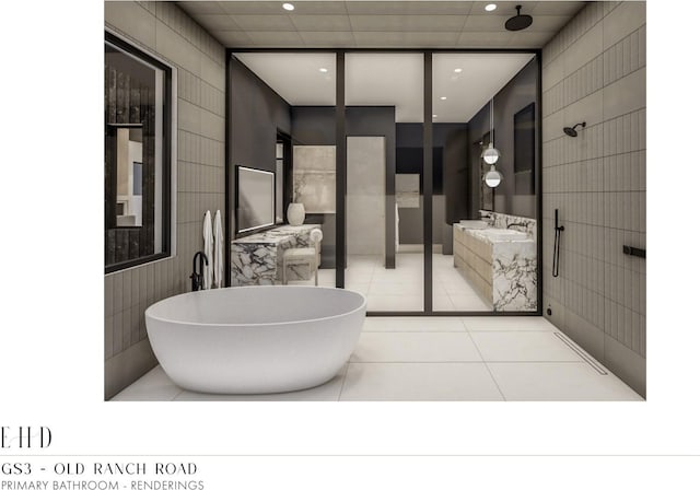 5220 N Old Ranch Rd, Park City, UT 84098 - bathroom with tile walls, tile patterned floors, vanity, a freestanding tub, and recessed lighting