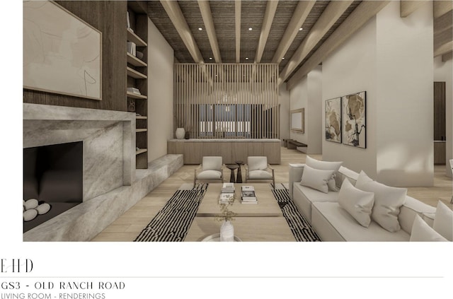 5220 N Old Ranch Rd, Park City, UT 84098 - sunken living room with beamed ceiling, recessed lighting, built in features, and wood finished floors