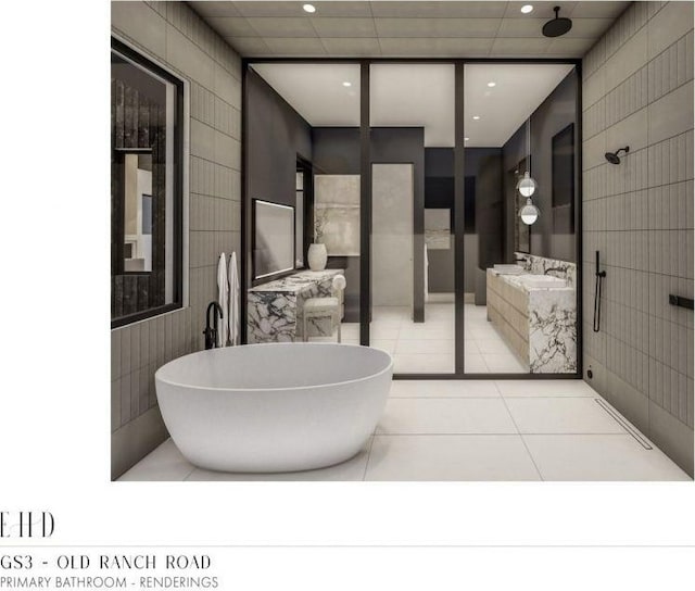 5220 N Old Ranch Rd, Park City, UT 84098 - bathroom featuring tile walls, tile patterned floors, vanity, a freestanding tub, and recessed lighting