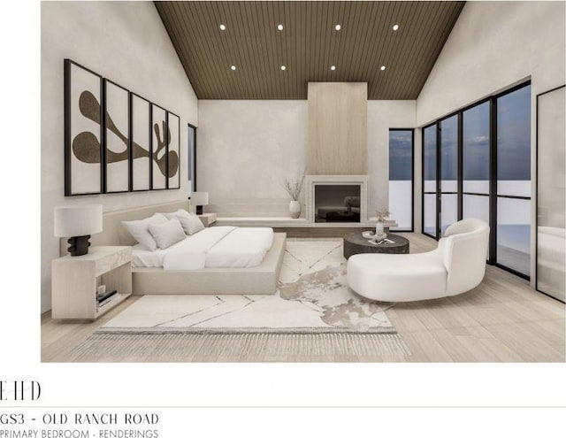 5220 N Old Ranch Rd, Park City, UT 84098 - bedroom featuring wooden ceiling, high vaulted ceiling, a large fireplace, access to exterior, and wood finished floors
