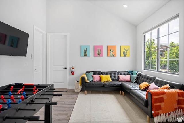 living room featuring light wood-type flooring, a healthy amount of sunlight, and vaulted ceiling