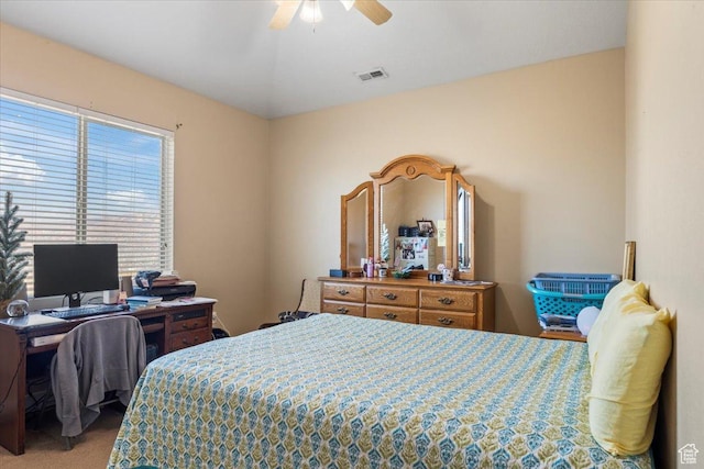 bedroom featuring ceiling fan and carpet flooring