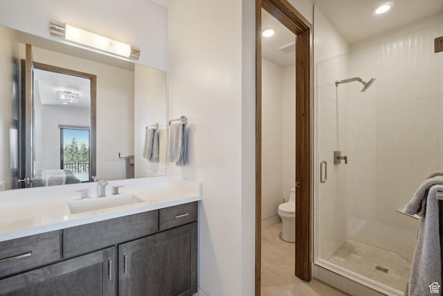 7242 Lupine Dr, Park City, UT 84098 - bathroom featuring a stall shower, vanity, toilet, connected bathroom, and recessed lighting