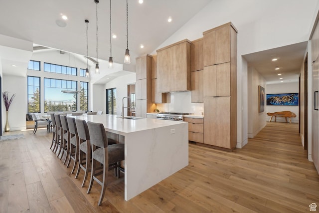 7242 Lupine Dr, Park City, UT 84098 - kitchen with modern cabinets, a sink, a large island with sink, high vaulted ceiling, and a kitchen breakfast bar