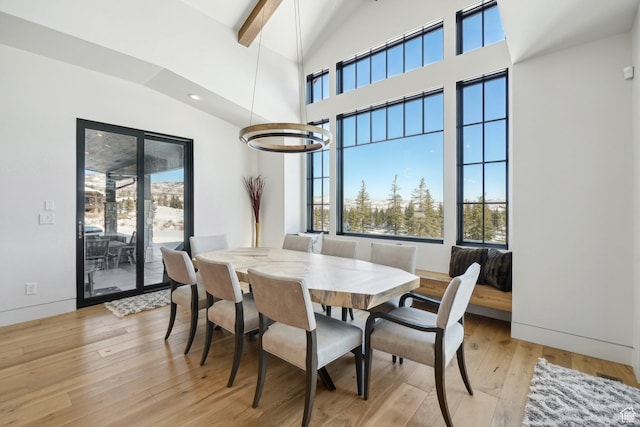 7242 Lupine Dr, Park City, UT 84098 - dining area with light wood-type flooring, beamed ceiling, high vaulted ceiling, and recessed lighting
