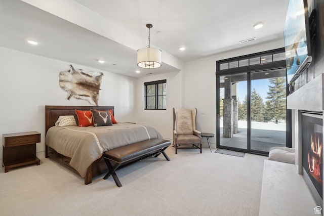 7242 Lupine Dr, Park City, UT 84098 - bedroom with access to outside, carpet flooring, recessed lighting, and a lit fireplace