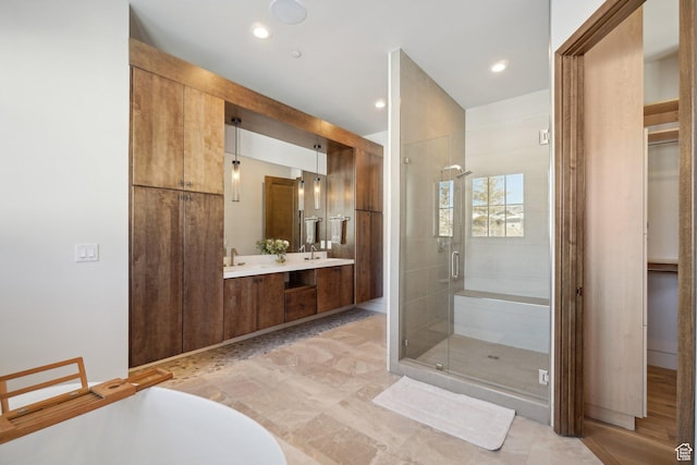 7242 Lupine Dr, Park City, UT 84098 - bathroom featuring a shower stall, double vanity, and a freestanding bath