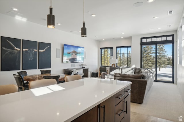 7242 Lupine Dr, Park City, UT 84098 - kitchen featuring open floor plan, recessed lighting, pendant lighting, light countertops, and dark brown cabinetry