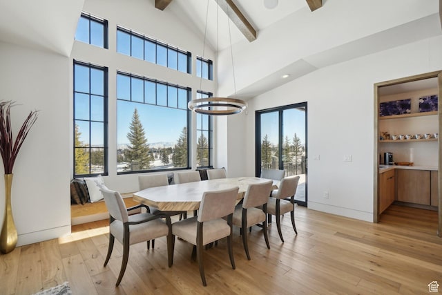 7242 Lupine Dr, Park City, UT 84098 - dining area featuring light wood-style floors, beamed ceiling, high vaulted ceiling, and baseboards