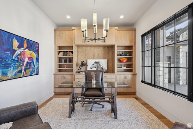 7242 Lupine Dr, Park City, UT 84098 - home office featuring a chandelier, wood finished floors, baseboards, and recessed lighting