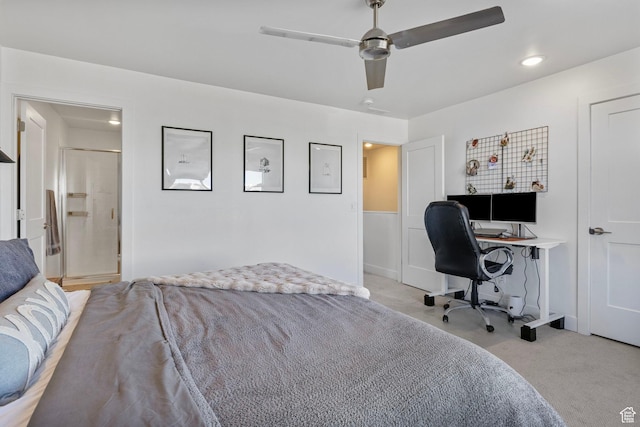 bedroom featuring light carpet and ceiling fan