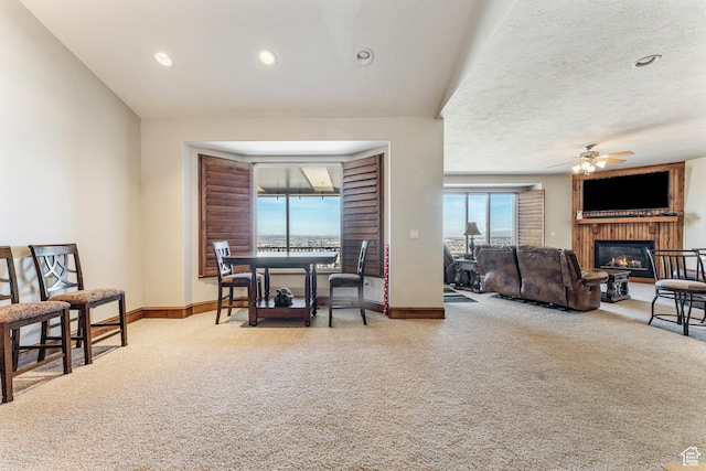 337 E Brayden Way, Draper, UT 84020 - carpeted dining area featuring ceiling fan, a fireplace, and a textured ceiling