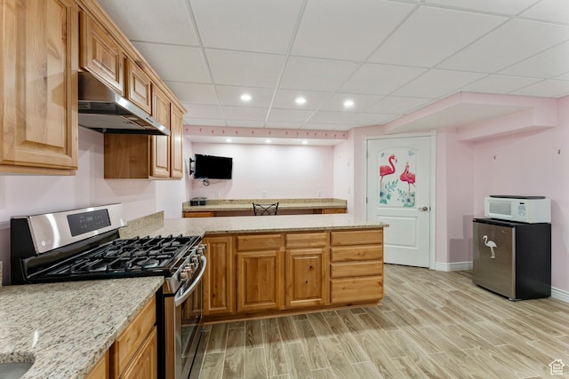 337 E Brayden Way, Draper, UT 84020 - kitchen with stainless steel gas stove, a paneled ceiling, and light stone countertops