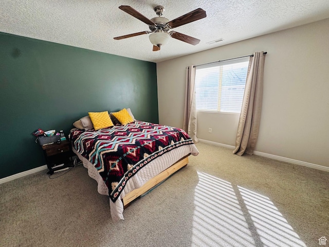 173 E Fidllers Canyon Rd Unit 17, Cedar City, UT 84721 - bedroom featuring visible vents, ceiling fan, baseboards, carpet flooring, and a textured ceiling