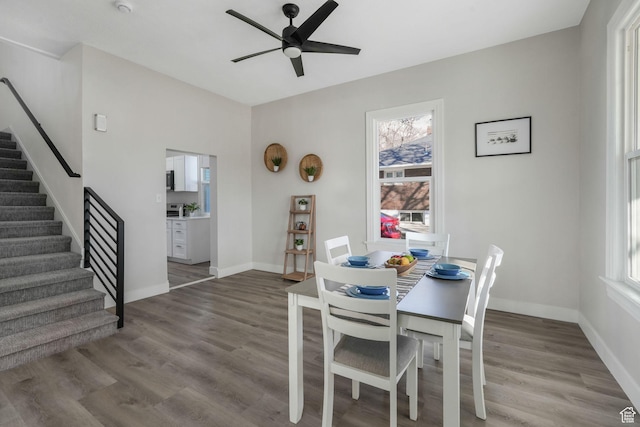 dining space featuring ceiling fan and hardwood / wood-style flooring