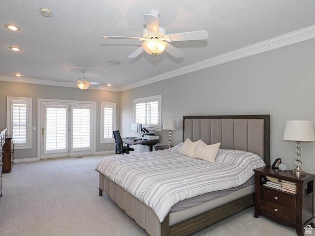 2960 E Oak Park Ln S, Holladay, UT 84117 - bedroom with light colored carpet, a ceiling fan, ornamental molding, access to exterior, and baseboards