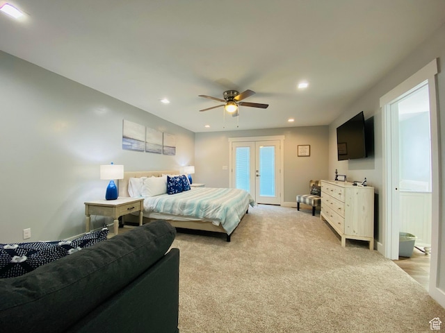 37 Wedge Way, Garden City, UT 84028 - bedroom featuring ceiling fan, access to outside, light carpet, and french doors