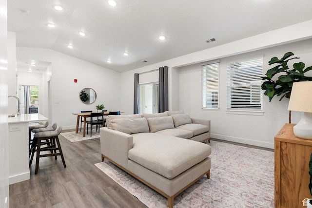 living room featuring wood-type flooring and lofted ceiling