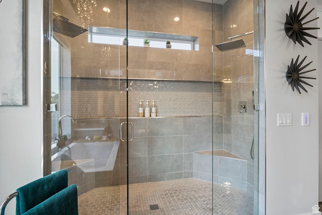 bathroom featuring a shower with door