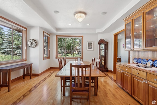 1 Spyglass Ct, Park City, UT 84060 - dining area with a tray ceiling and light wood-type flooring