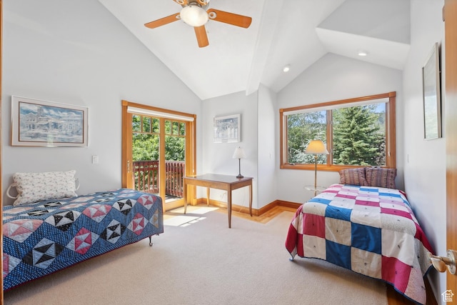 1 Spyglass Ct, Park City, UT 84060 - bedroom with ceiling fan, access to exterior, vaulted ceiling, and light carpet