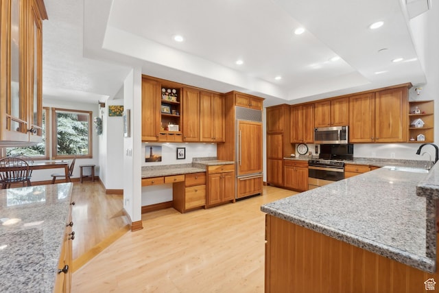 1 Spyglass Ct, Park City, UT 84060 - kitchen featuring appliances with stainless steel finishes, a tray ceiling, light hardwood / wood-style flooring, light stone counters, and sink