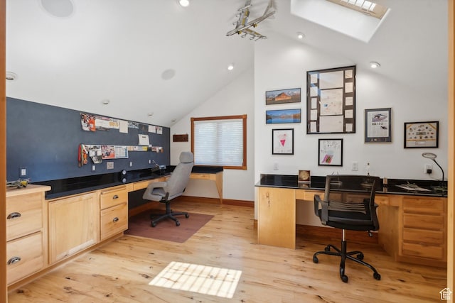 1 Spyglass Ct, Park City, UT 84060 - office featuring built in desk, a skylight, light wood-type flooring, and high vaulted ceiling