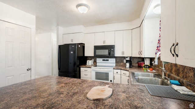 kitchen with black appliances, a sink, dark countertops, white cabinetry, and backsplash
