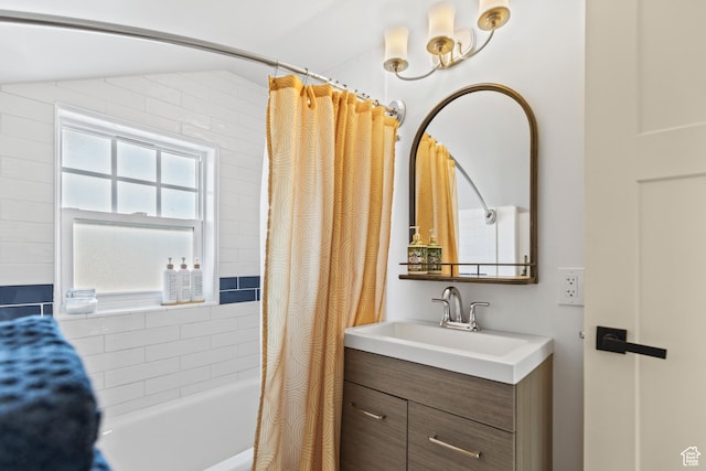 87 N 100 W, Marysvale, UT 84750 - bathroom featuring vaulted ceiling, vanity, and shower / tub combo with curtain