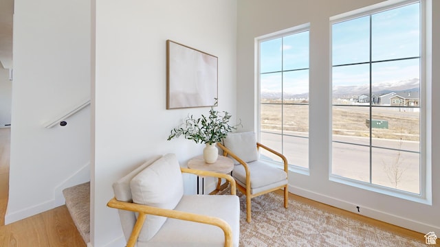 sitting room with light hardwood / wood-style floors and a mountain view